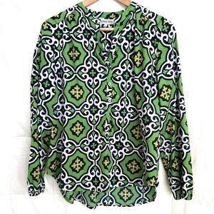 Buckhead Bettie's Peasant Blouse Green Navy Geometric Print Top Long Sleeve S